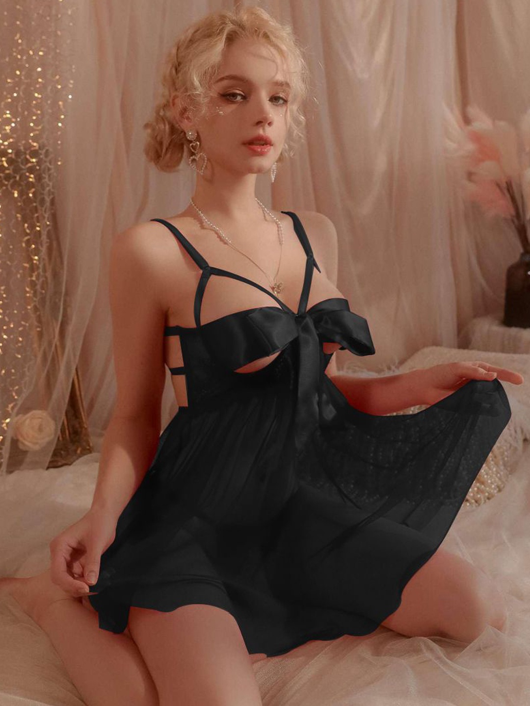

FIMBUL Women Front Bow Tie-Up Net Baby Doll, Black