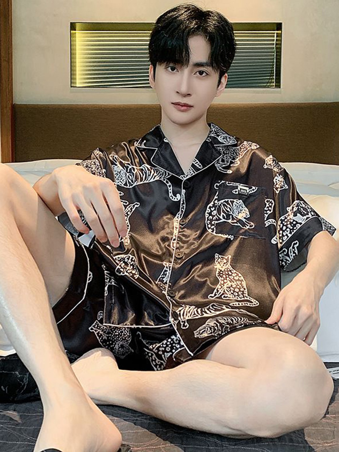 

StyleCast Printed Shirt With Shorts Night Suit, Brown