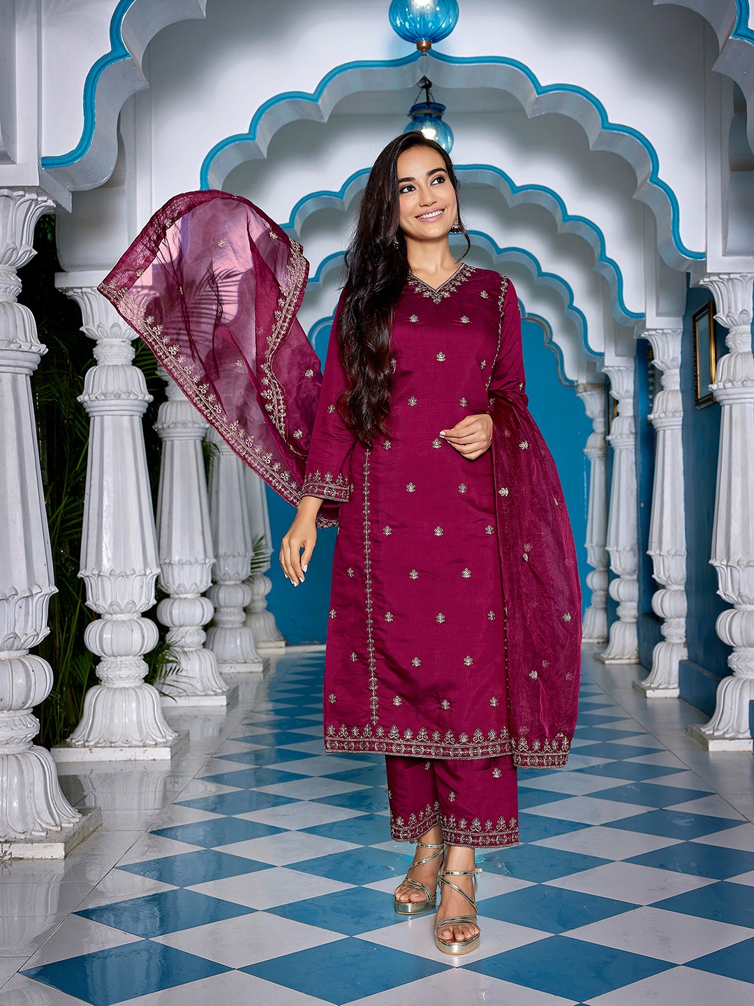 

Royal Export Floral Embroidered Sequinned Kurta with Palazzo & Dupatta, Purple