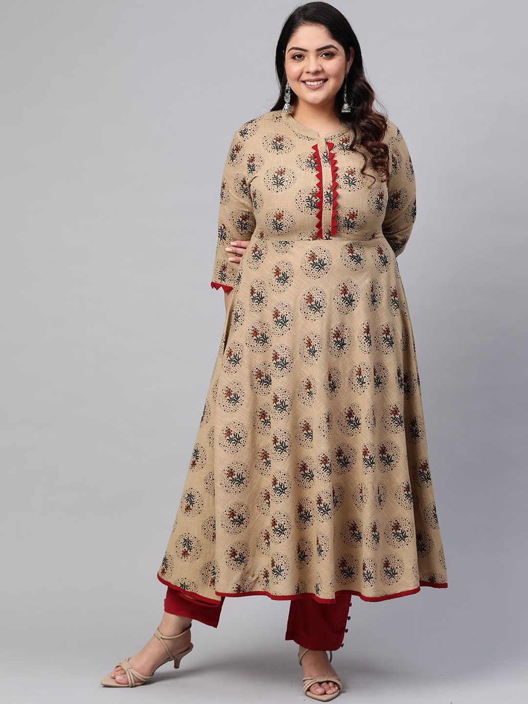 

IKRASS Plus Size Floral Printed Mandarin Collar Anarkali Kurta, Beige