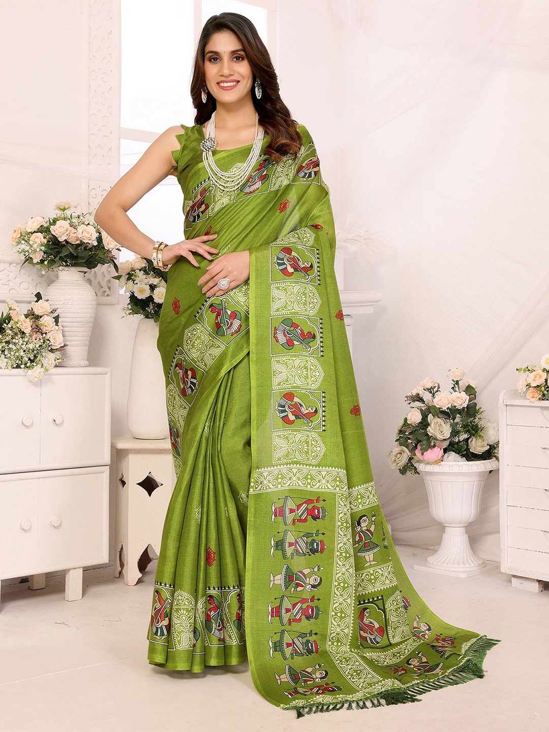 

KALINI Ethnic Motifs Printed Saree, Green