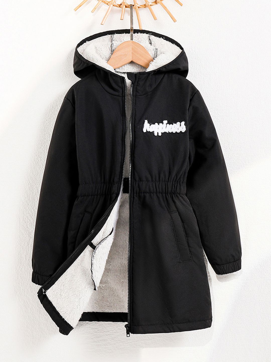 

INCLUD Girls Hooded Typography Printed Cotton Casual Parka Jacket, Black