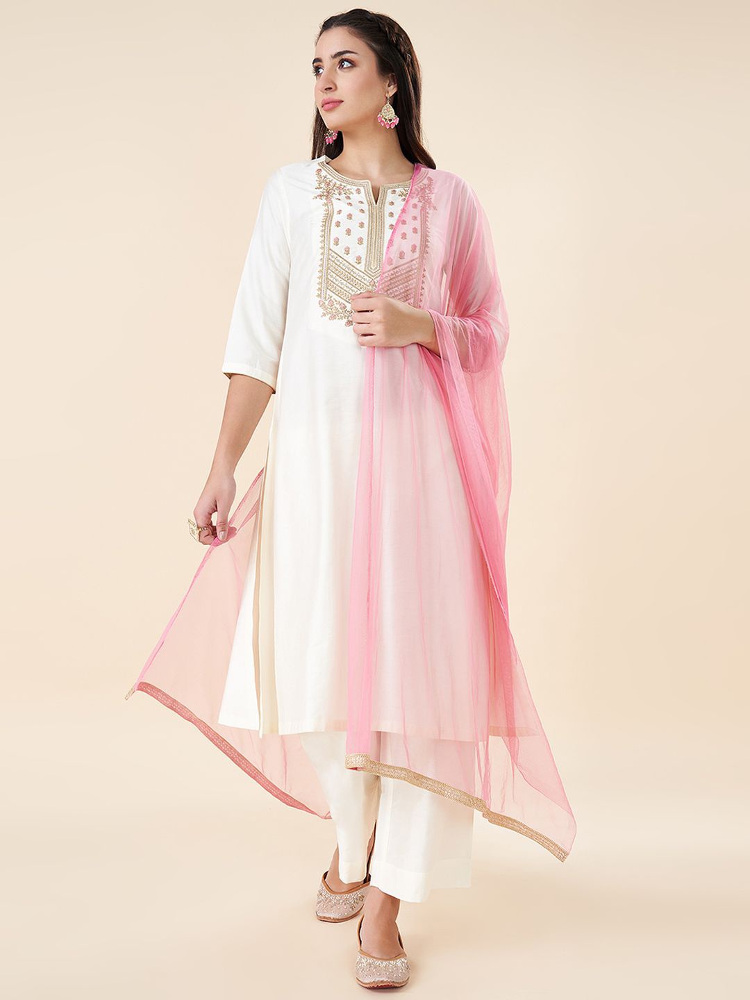 

RANGMANCH BY PANTALOONS Floral Embroidered Thread Work Kurta with Trouser & Dupatta, Off white