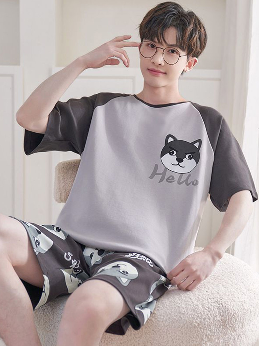 

StyleCast Printed Tshirt With Shorts Night Suits, Grey