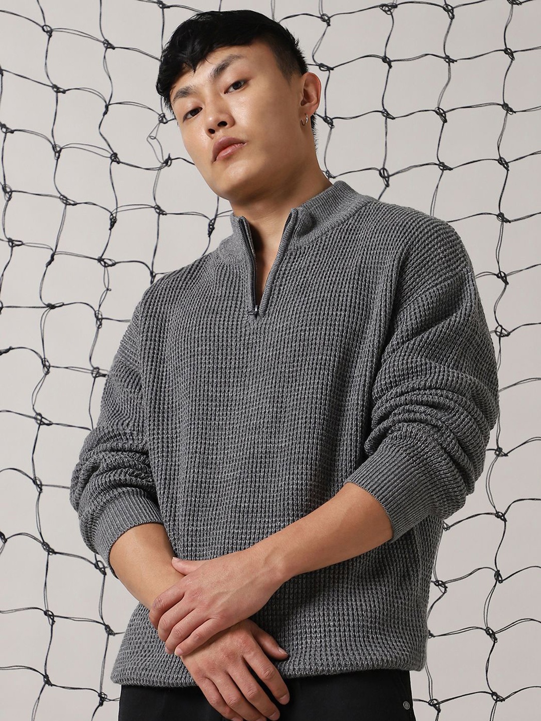 

Hubberholme Men Speckled Half Zipper Waffle Knit High Neck Relax Fit Pullover, Grey