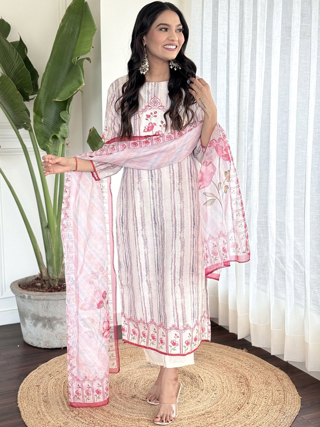 

KALINI Striped Round Neck Straight Kurta with Trouser & Dupatta, Off white