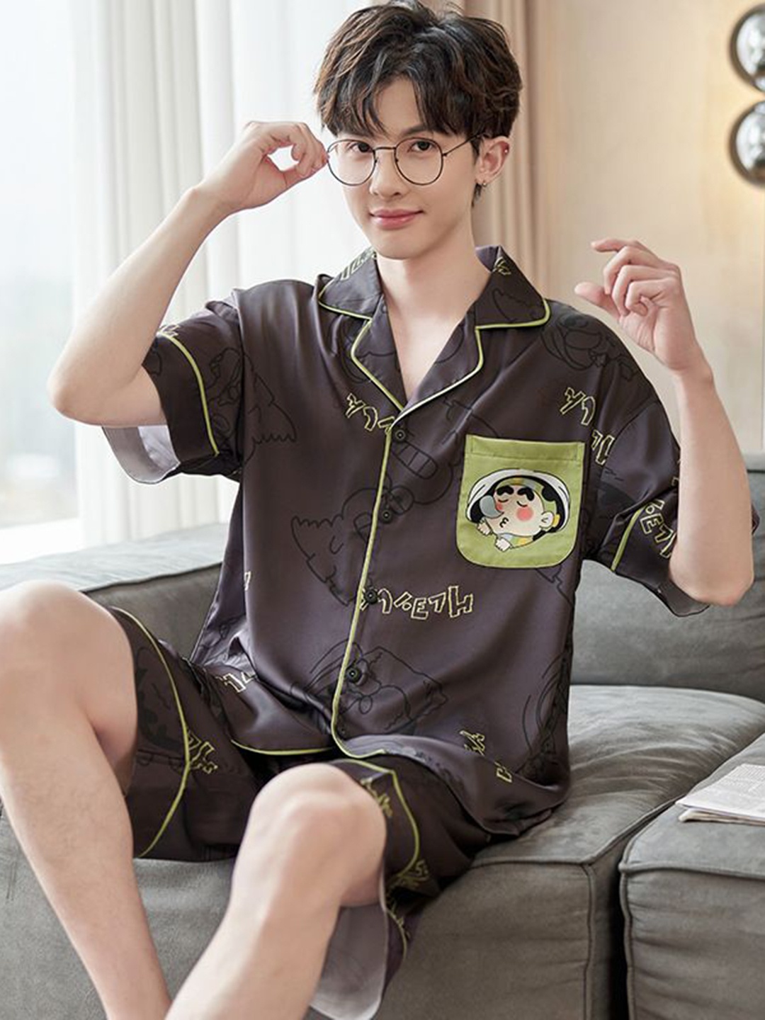 

StyleCast Printed Shirt With Shorts Night Suit, Brown
