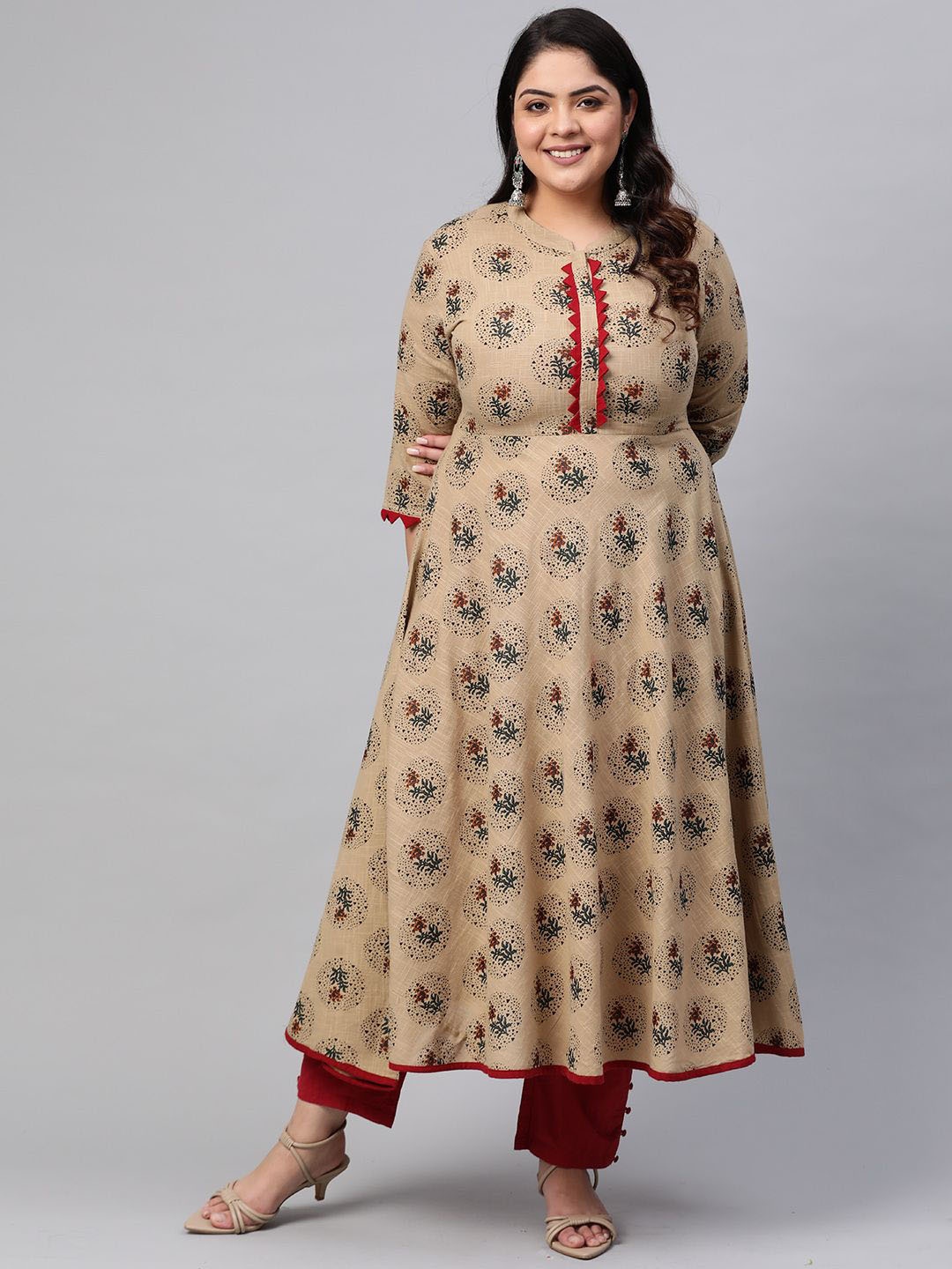 

IKRASS Plus Size Floral Printed Mandarin Collar Anarkali Kurta, Beige