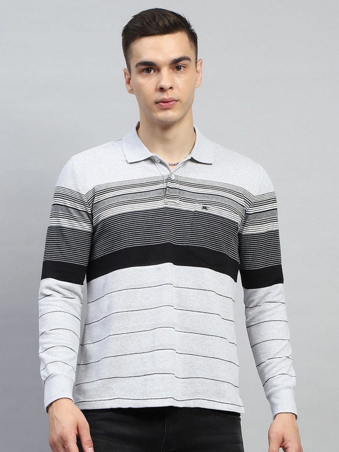 

Monte Carlo Men Striped Polo Collar Cotton T-shirt, Grey