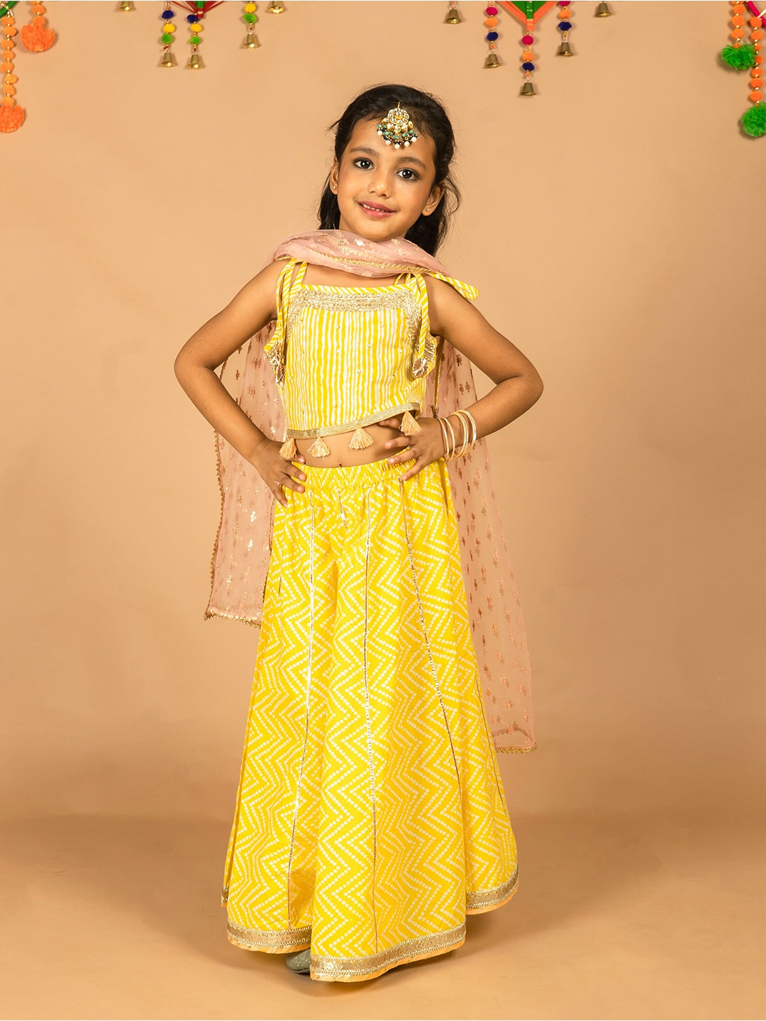 

HERE&NOW Girls Printed Cotton Ready to Wear Lehenga & Blouse With Dupatta, Yellow