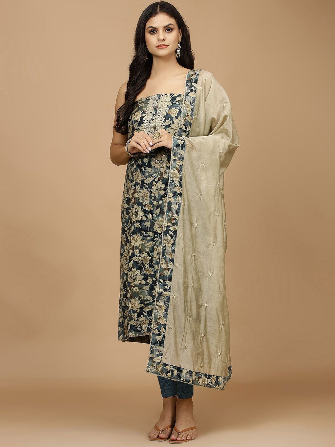 

Meena Bazaar Floral Printed Sequinned Cotton Unstitched Dress Material, Blue
