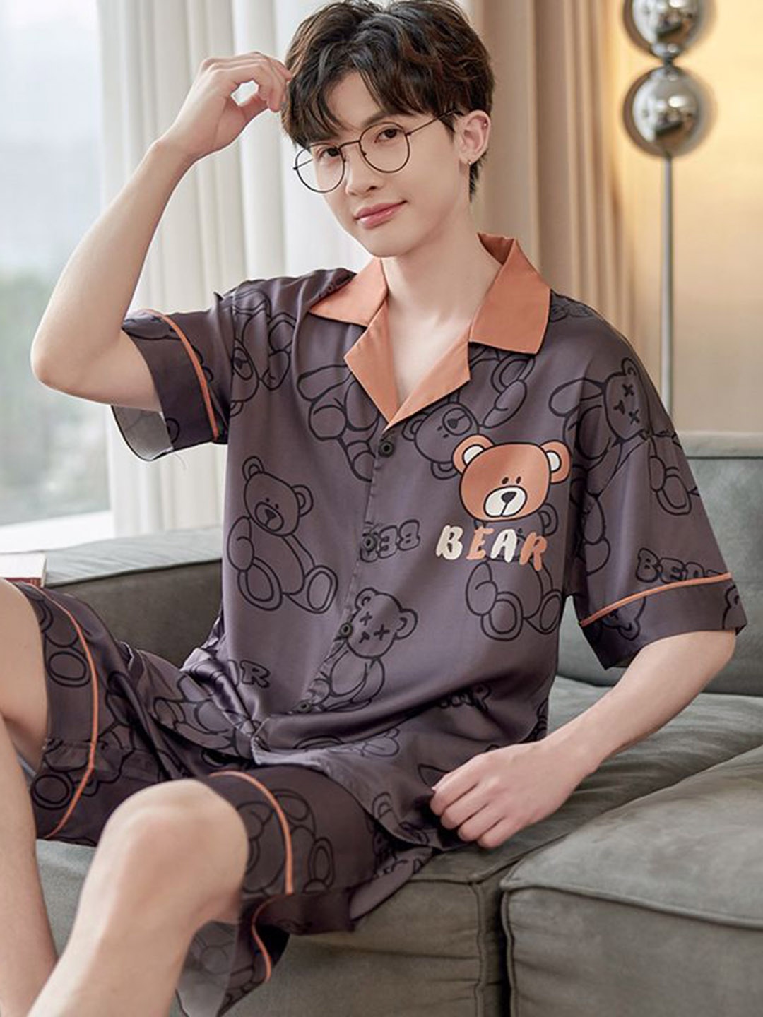 

StyleCast Brown Cartoon Characters Printed Cuban Collar Shirt With Shorts