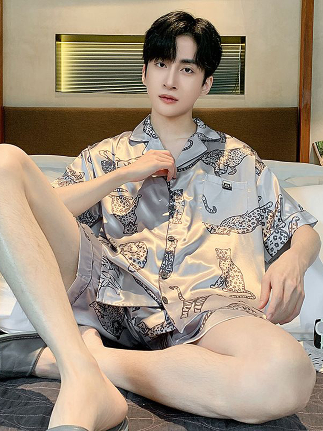 

StyleCast Quirky Printed Lapel Collar Short Sleeve Shirt With Shorts, Brown