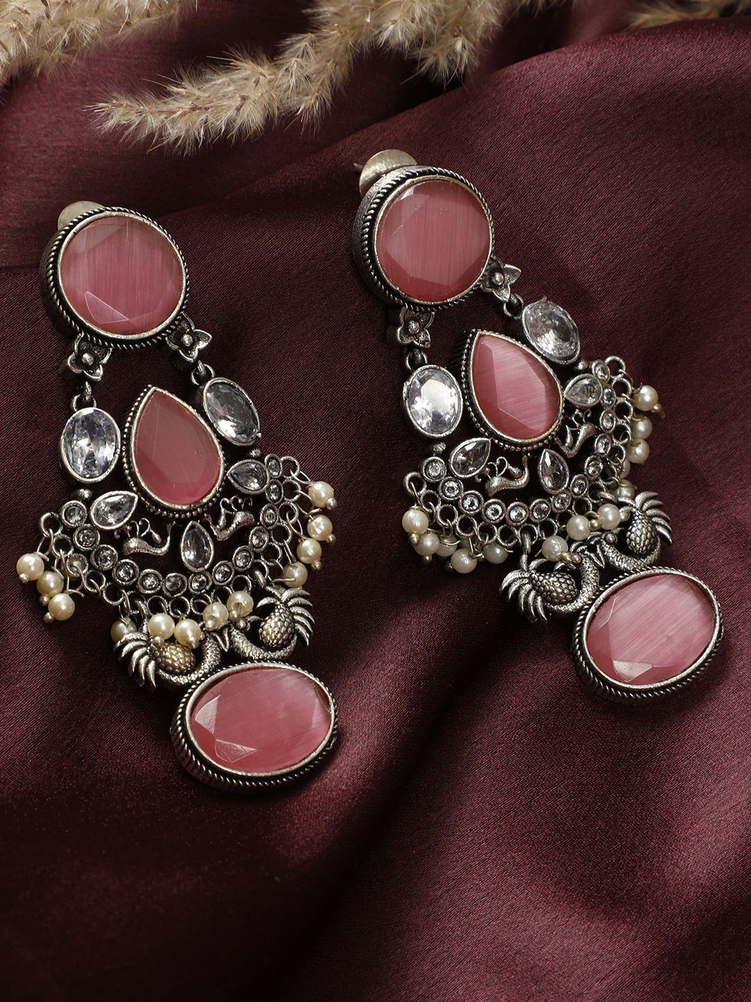 

VIVAZS Silver-Plated Oxidised Kundan Stone Studded & Beaded Contemporary Drop Earrings