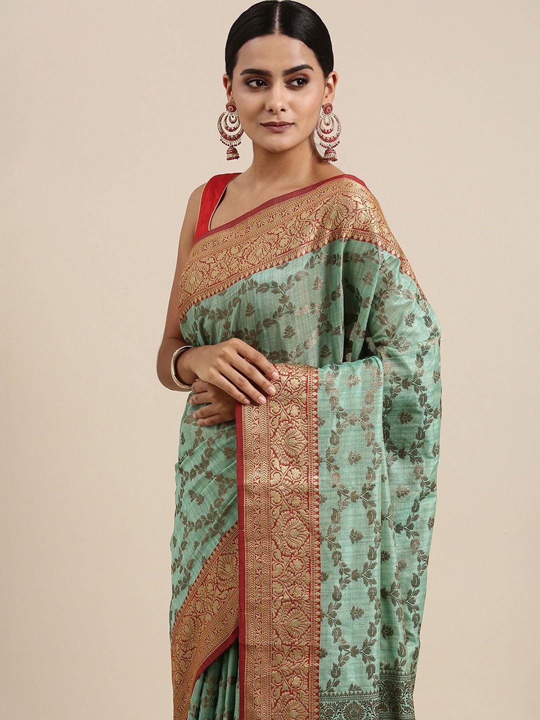 

ISHIKA FAB Woven Design Zari Art Silk Banarasi Saree With Golden Border, Sea green