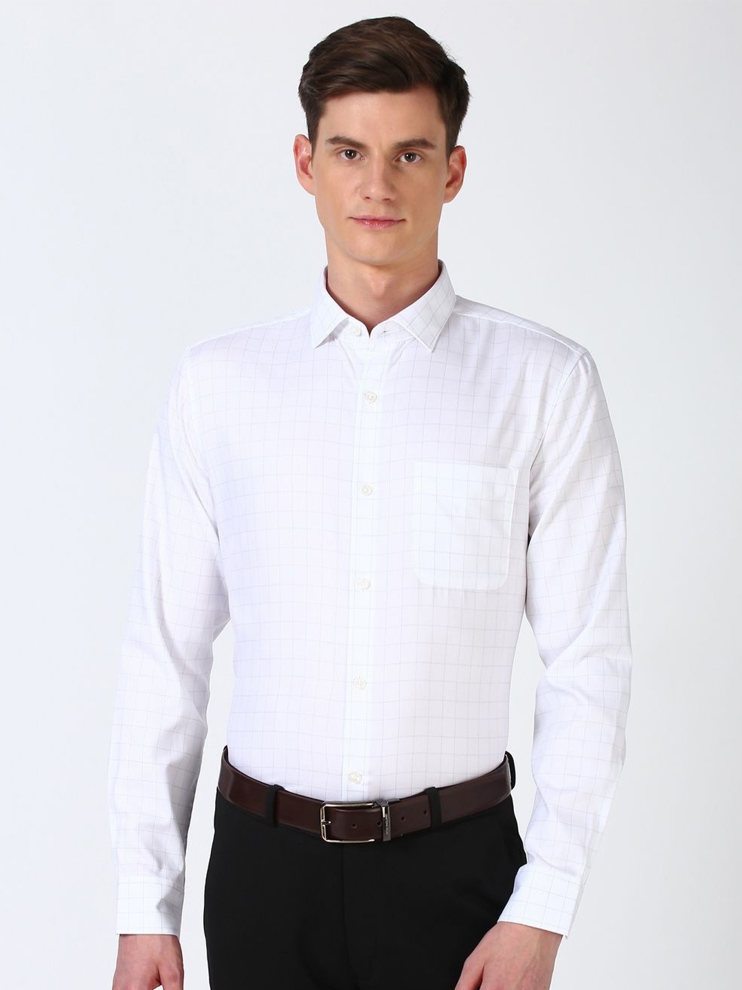 

Peter England Elite Men Spread Collar Checked Cotton Slim Fit Formal Shirt, White