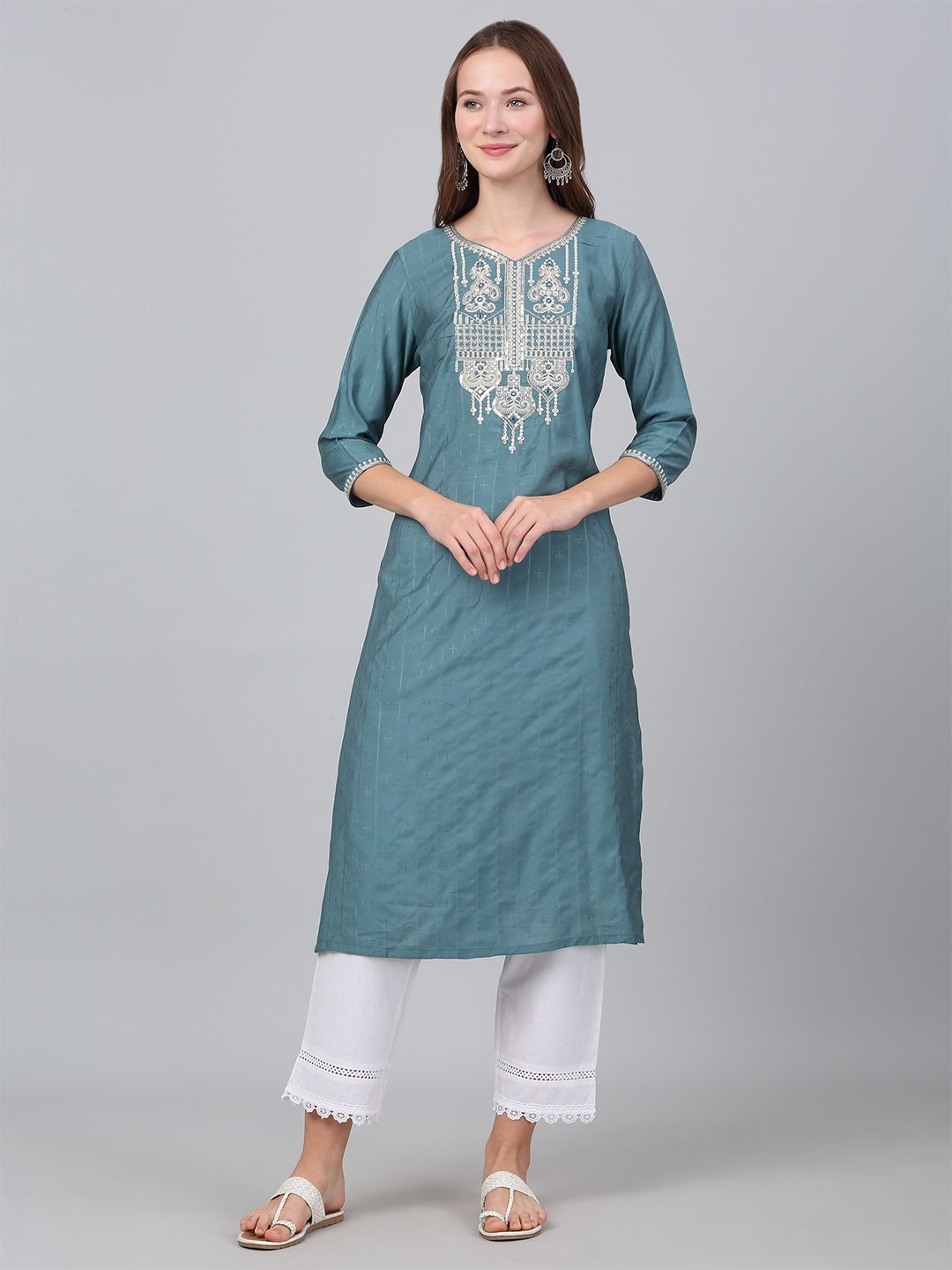 

Cantabil Women Ethnic Motifs Yoke Design Thread Work Kurta, Blue