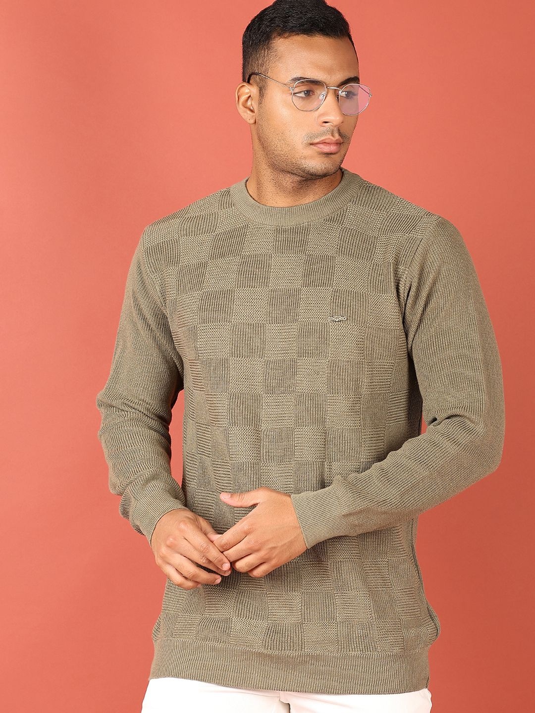 

V-Mart Men Self Design Round Neck Long Sleeves Casual Pullover, Olive