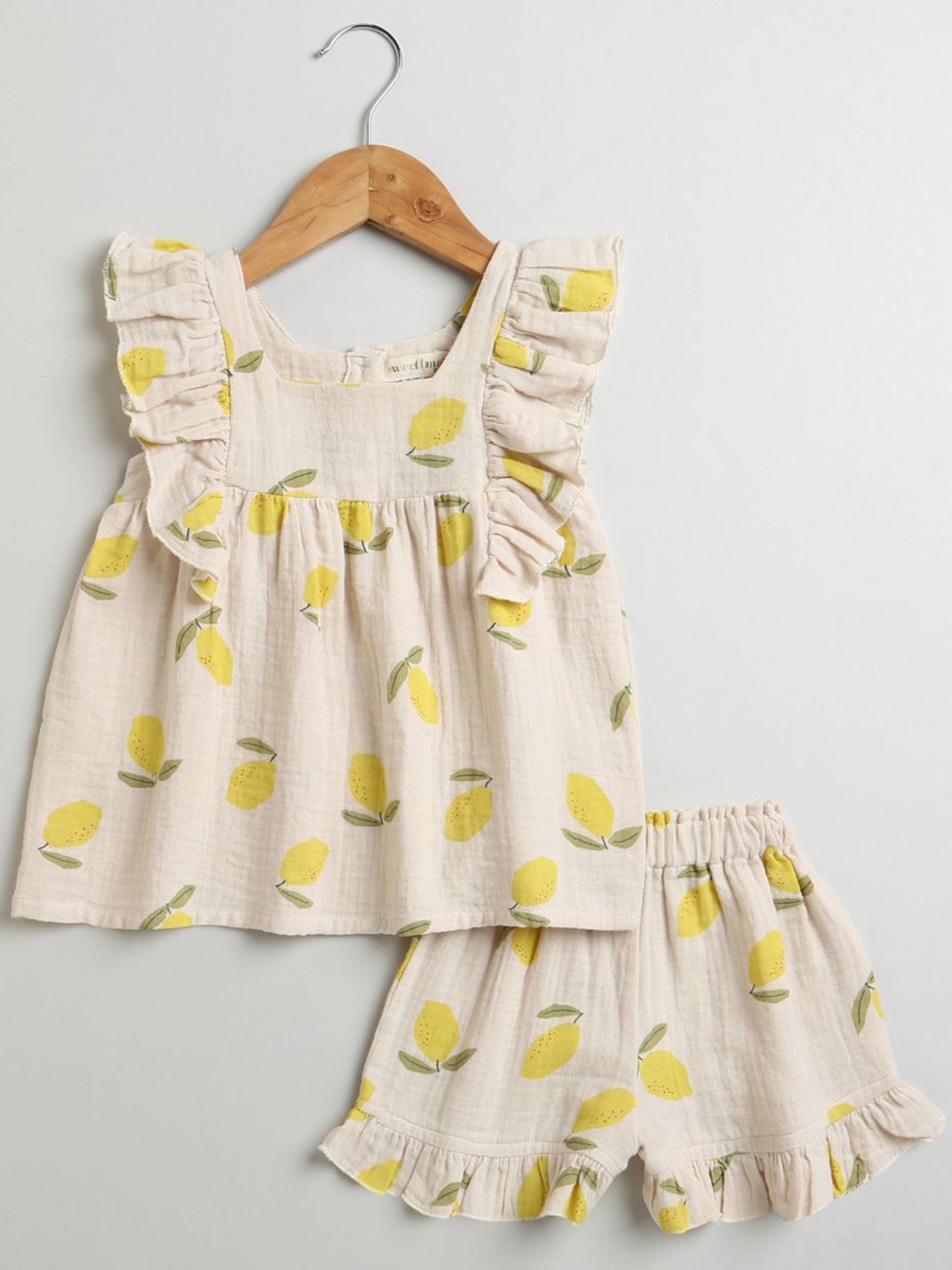 

Sweetlime By AS Girls Floral Printed Square Neck Pure Cotton Ruffled Top with Shorts, Cream