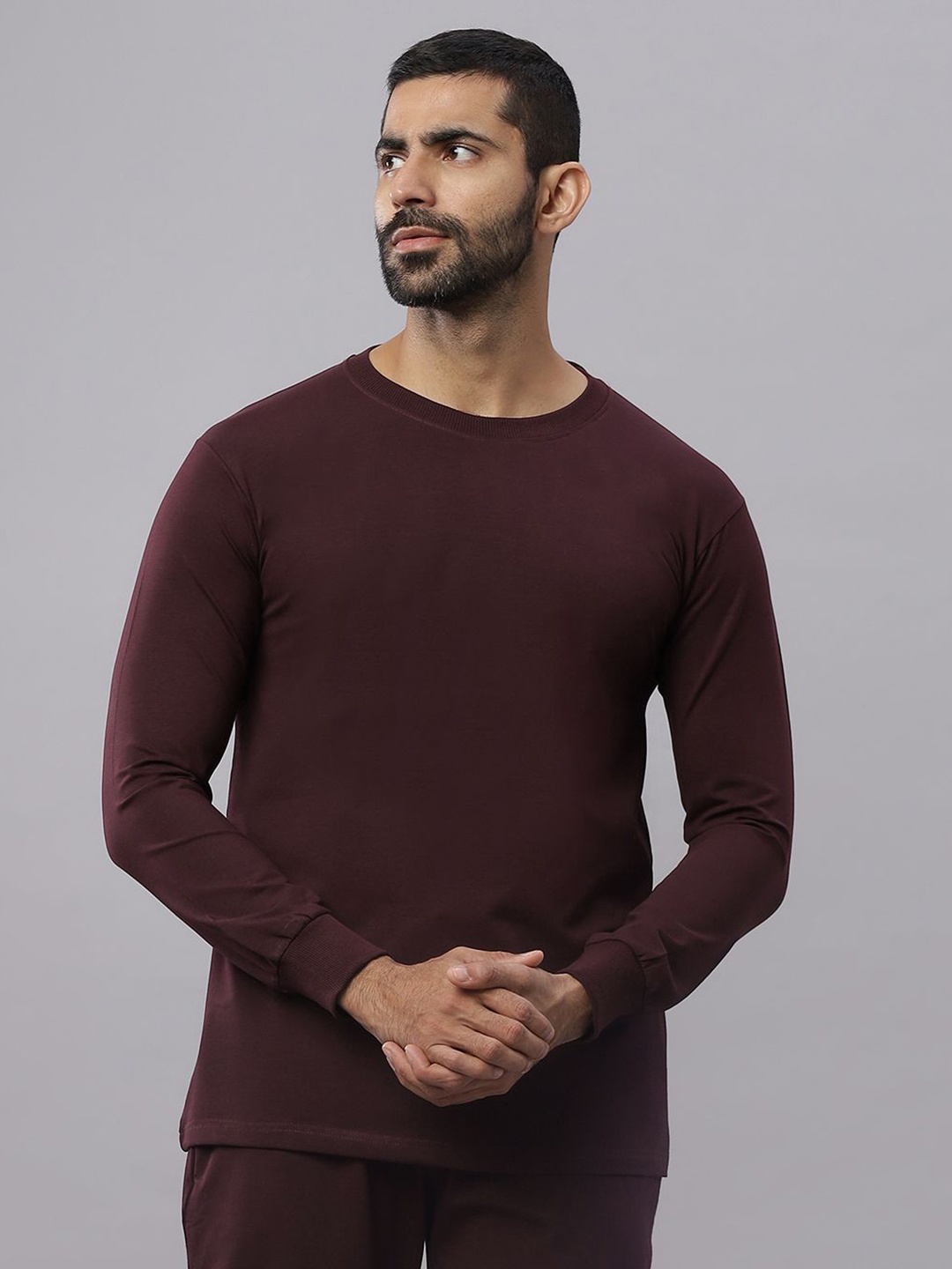 

N AND J Men Solid Round Neck Cotton T-shirt, Magenta