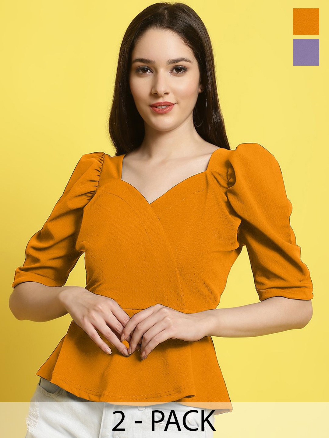

Metronaut Women Pack Of 2 Puff Sleeves Crop Regular Top, Yellow
