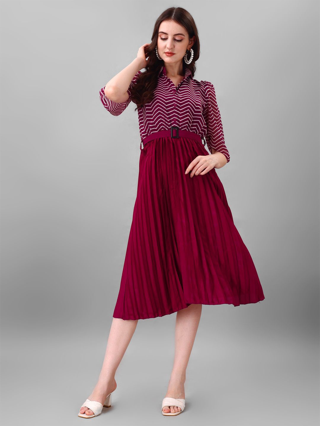 

Krunal Raiyani Women Striped Fit & Flare Midi Dress, Magenta