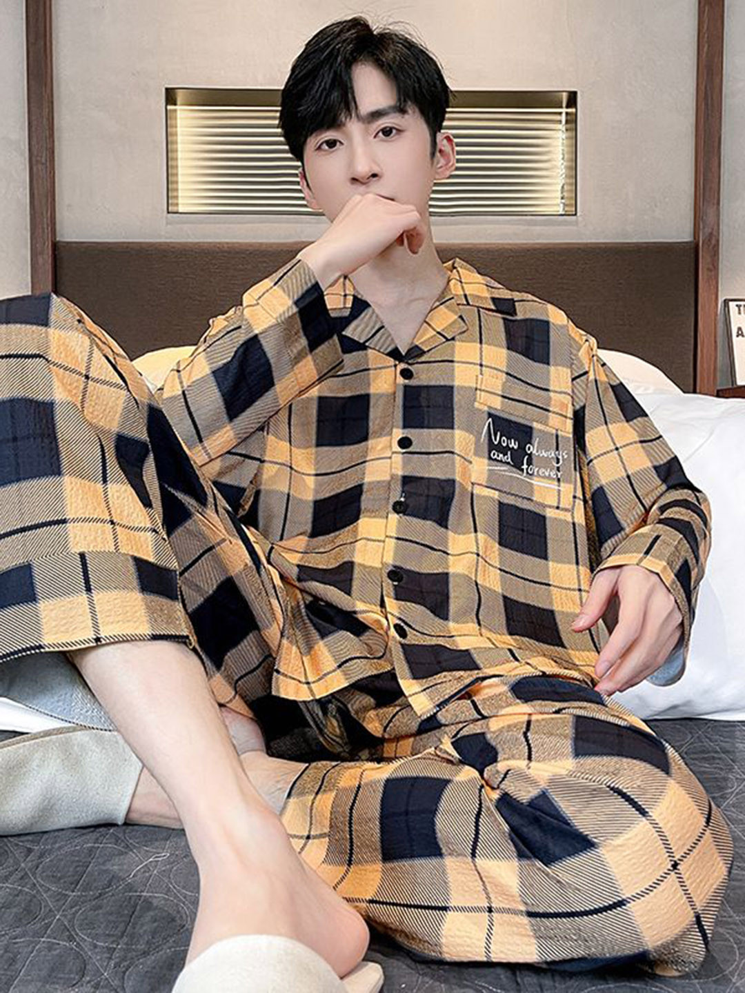 

StyleCast Brown Checked Lapel Collar Shirt & Pyjamas, Yellow