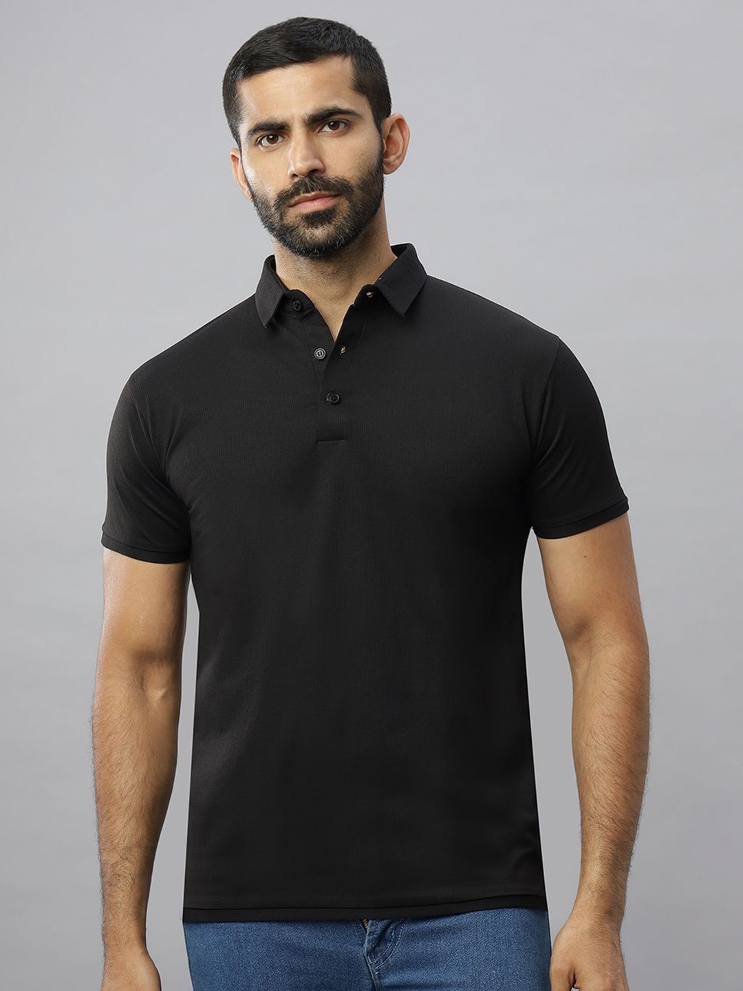 

N AND J Men Solid Polo Collar Cotton T-shirt, Black