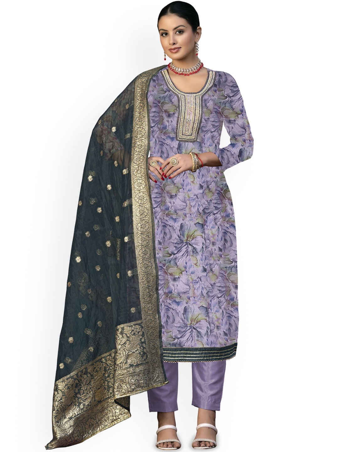 

Maroosh Floral Embellished Beads and Stones Organza Unstitched Dress Material, Purple