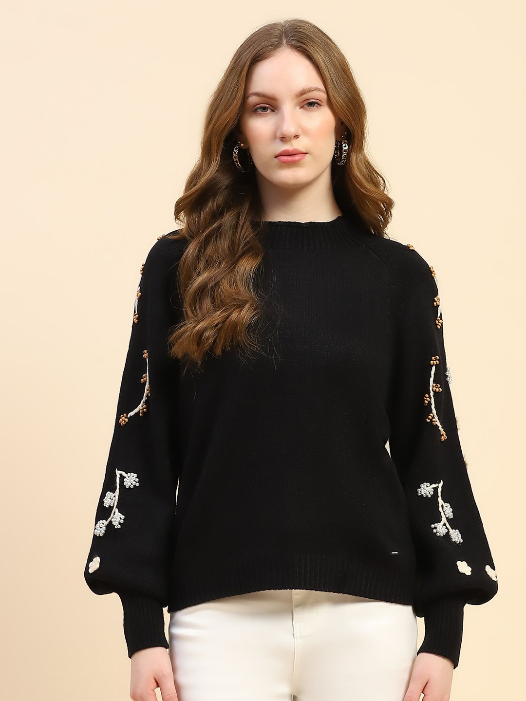

Global Republic Women Embroidered Crop Pullover, Black