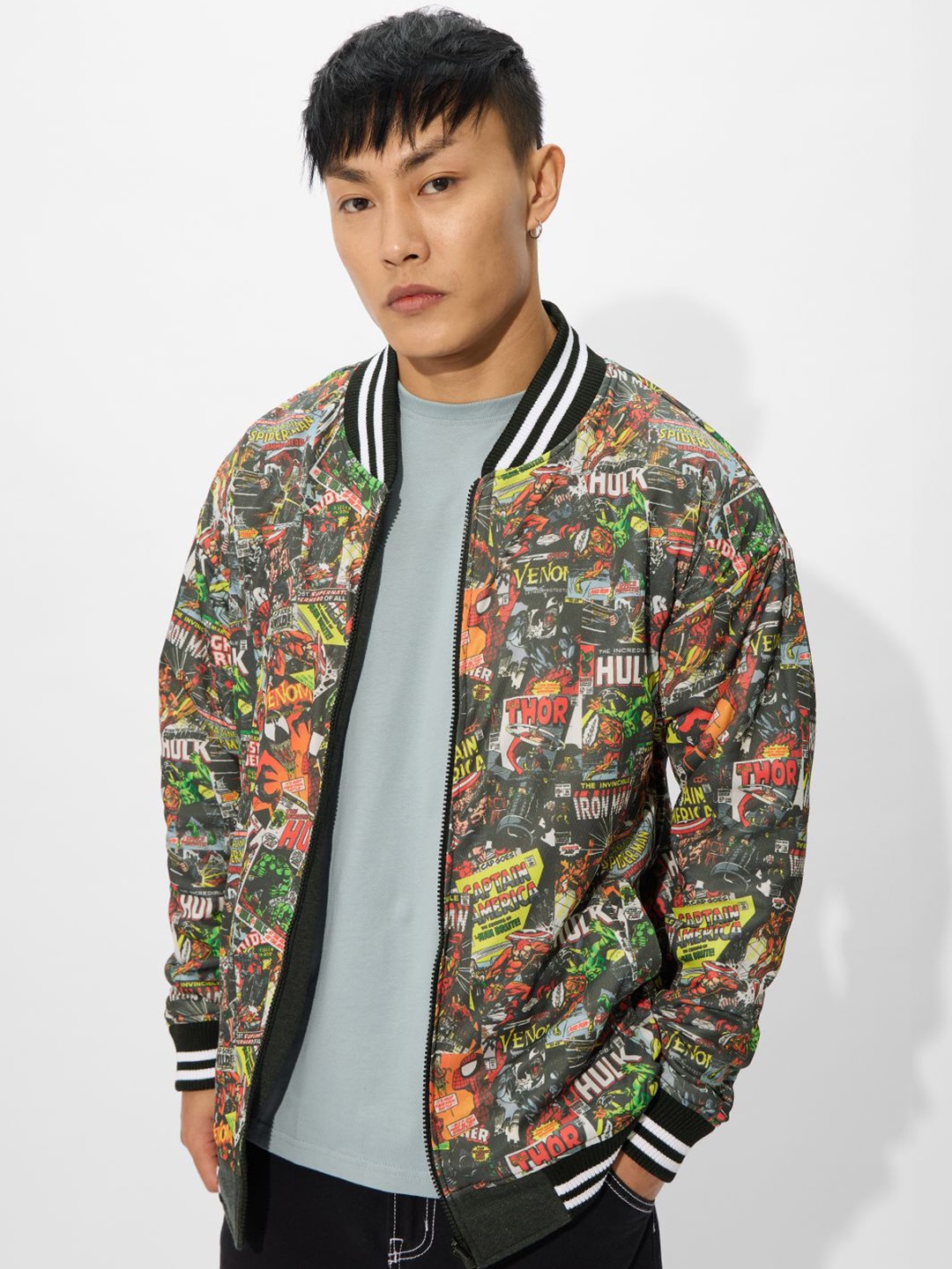 

The Souled Store Men Stand Collar Graphic Printed Cotton Casual Bomber Jacket, Black