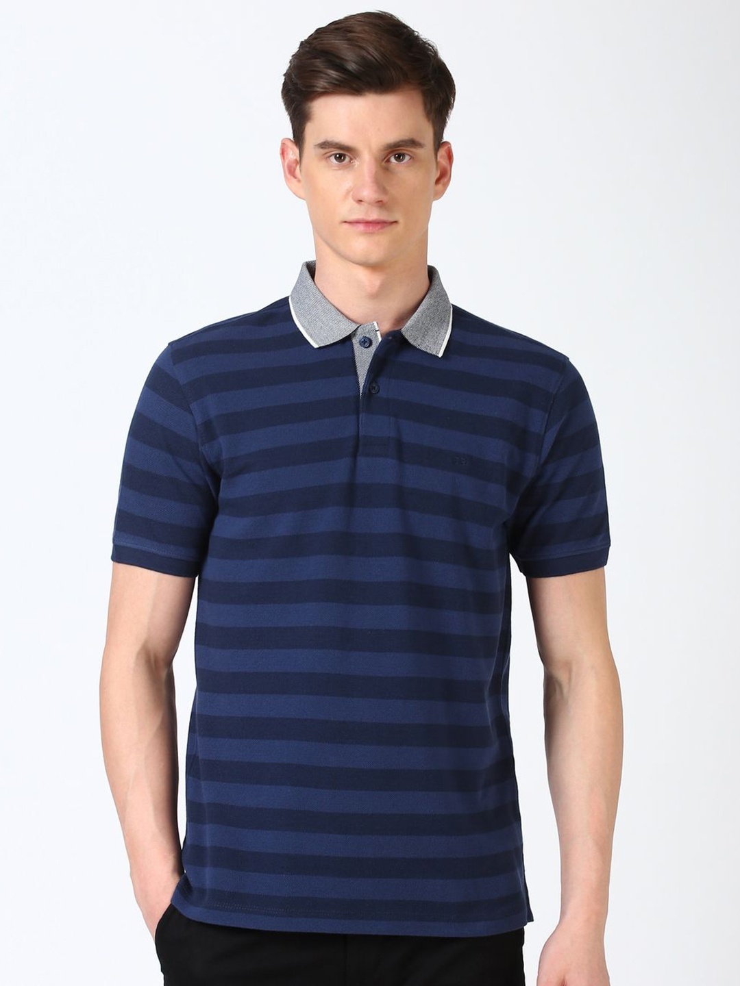 

Peter England Men Striped Polo Collar Cotton T-shirt, Navy blue