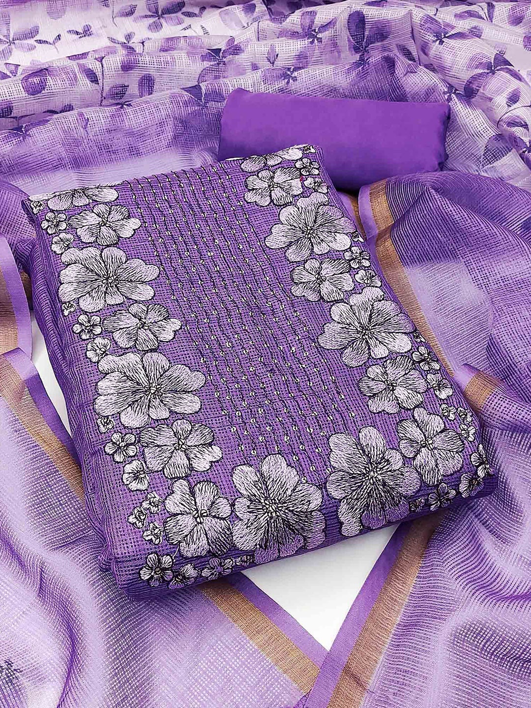 

Peachmode Floral Embroidered Sequinned Unstitched Dress Material, Lavender