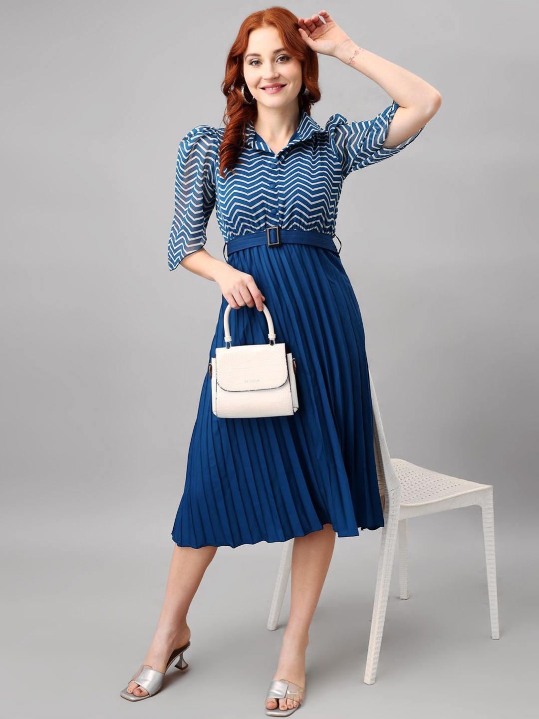 

Raiyani Enterprise Women Striped Fit & Flare Midi Dress, Blue