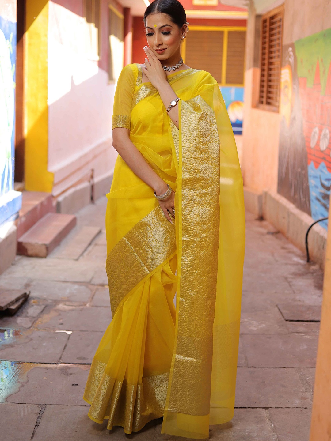 

Banarasee Zari Organza Banarasi Saree, Yellow
