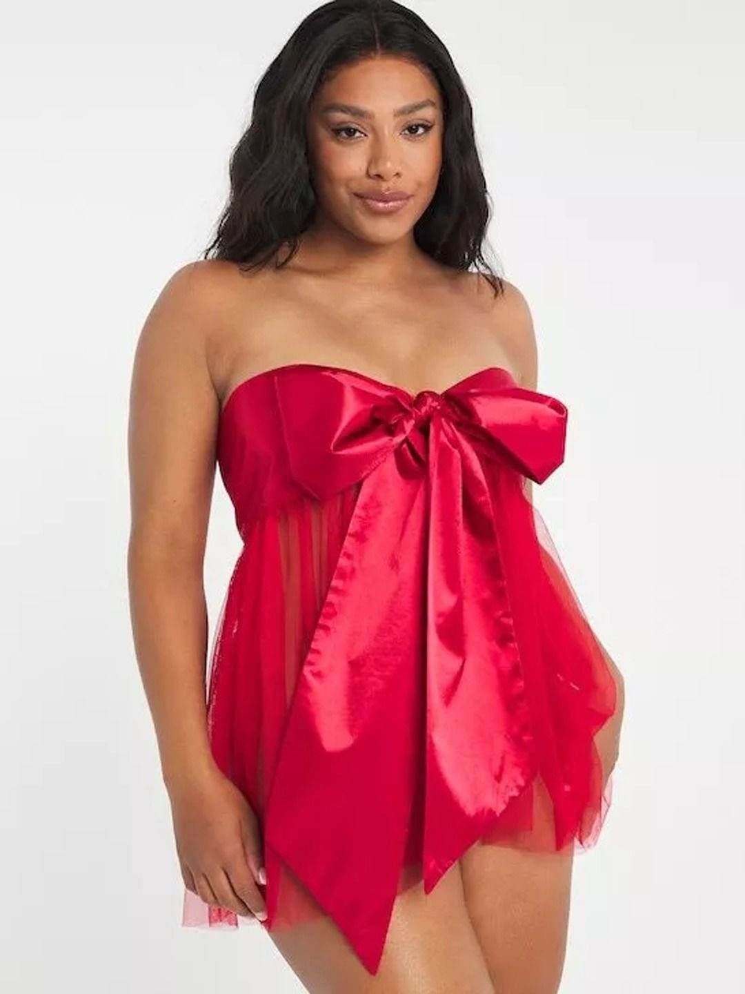 

FIMBUL Strapless Bow Detailed Net Baby Doll, Red