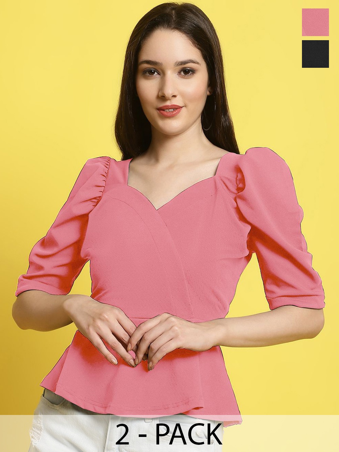 

Metronaut Women Pack Of 2 Sweetheart Neck Peplum Top, Pink