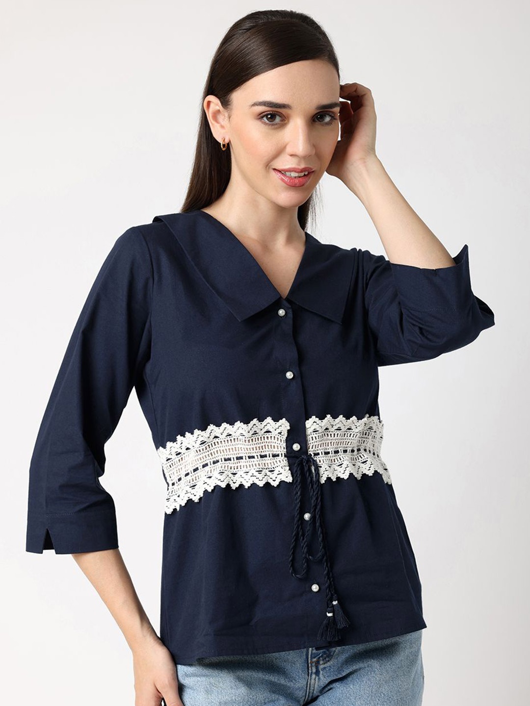 

BLANC9 Women Self Design Cotton Shirt Style Top, Navy blue