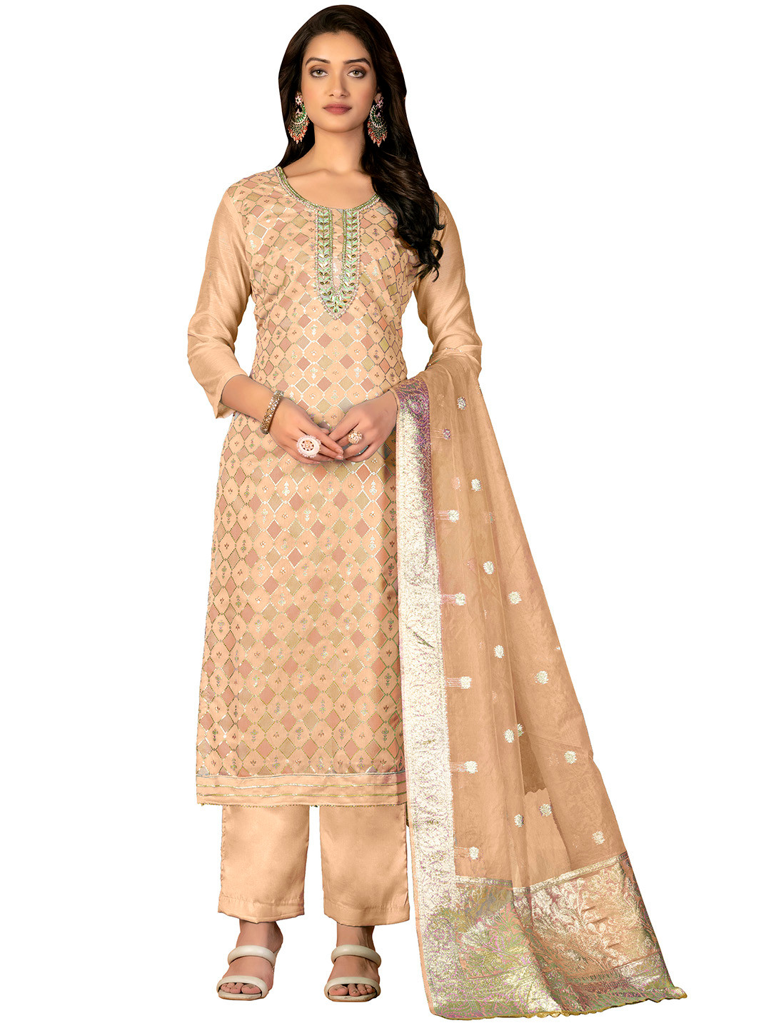 

Maroosh Geometric Embellished Beads and Stones Unstitched Dress Material, Beige