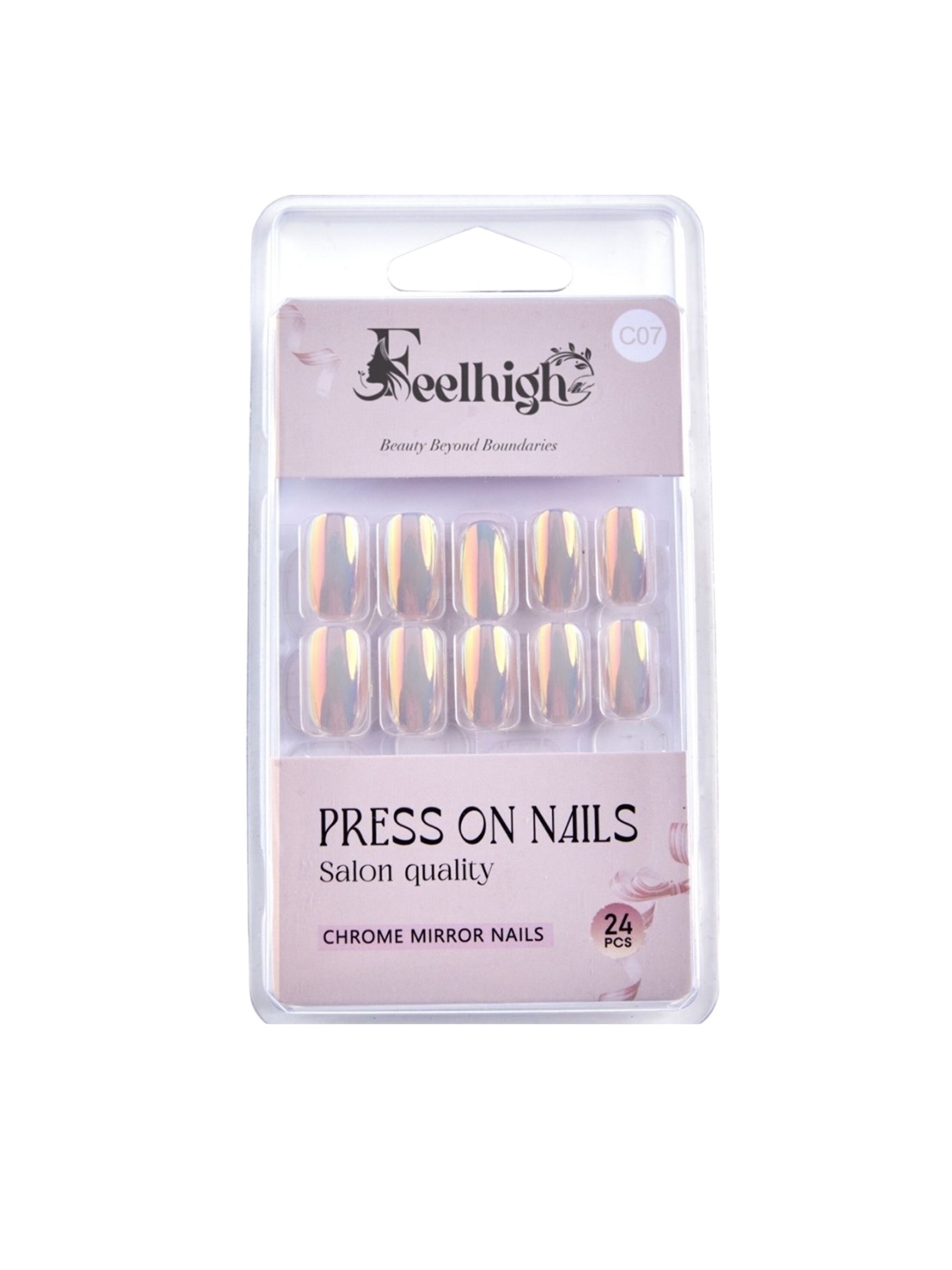 

FEELHIGH Set Of 24 Re useble Press-On Chrome Nails - C07, Metallic