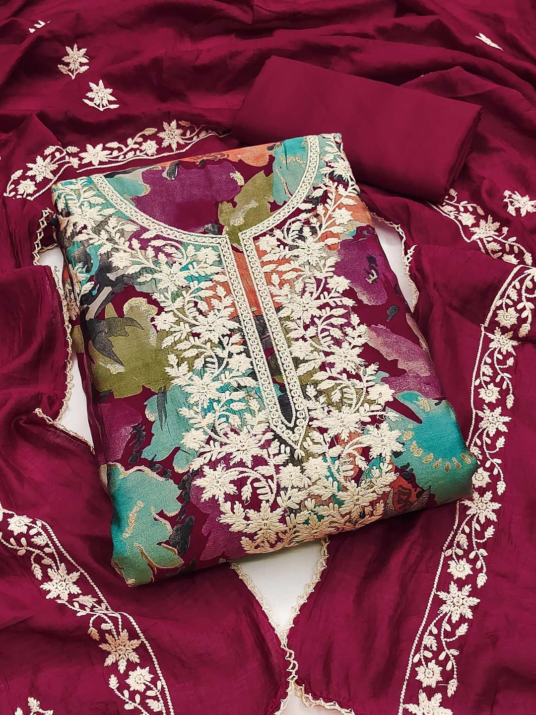 

Peachmode Floral Printed Unstitched Dress Material, Magenta