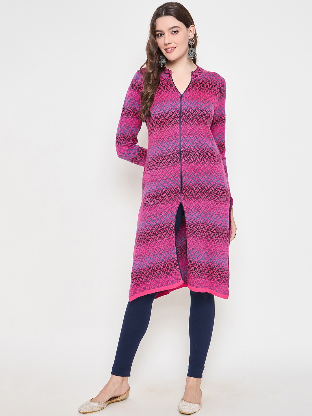 

Zigo Winter Wear Geometric Woven Design Mandarin Collar High Slit Pure Woollen A-Line Kurta, Pink