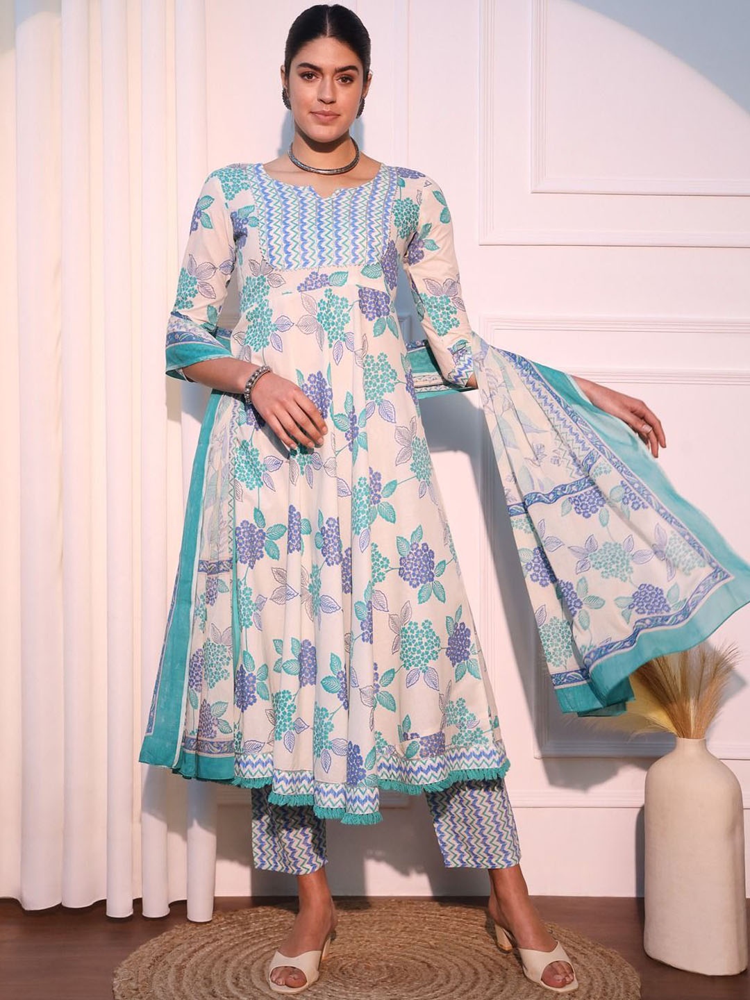 

KALINI Floral Printed Gotta Patti Pure Cotton Kurta With Trousers & Dupatta, White