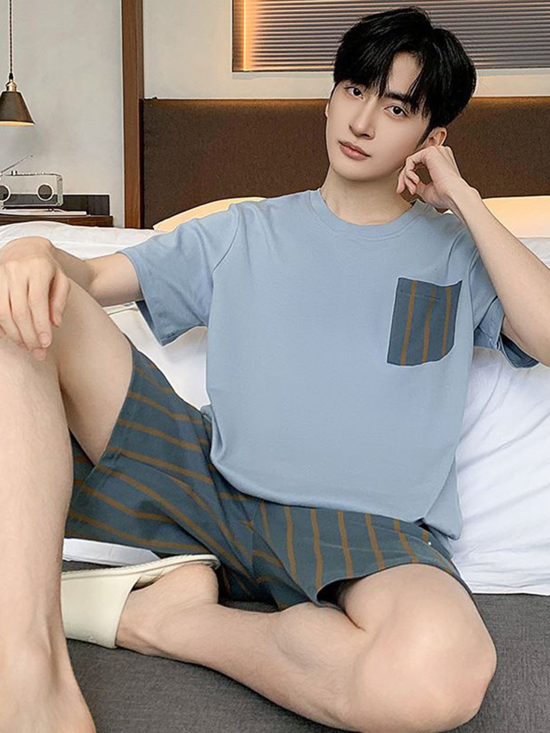 

StyleCast Blue & Grey Striped Tshirt With Shorts Night Suits