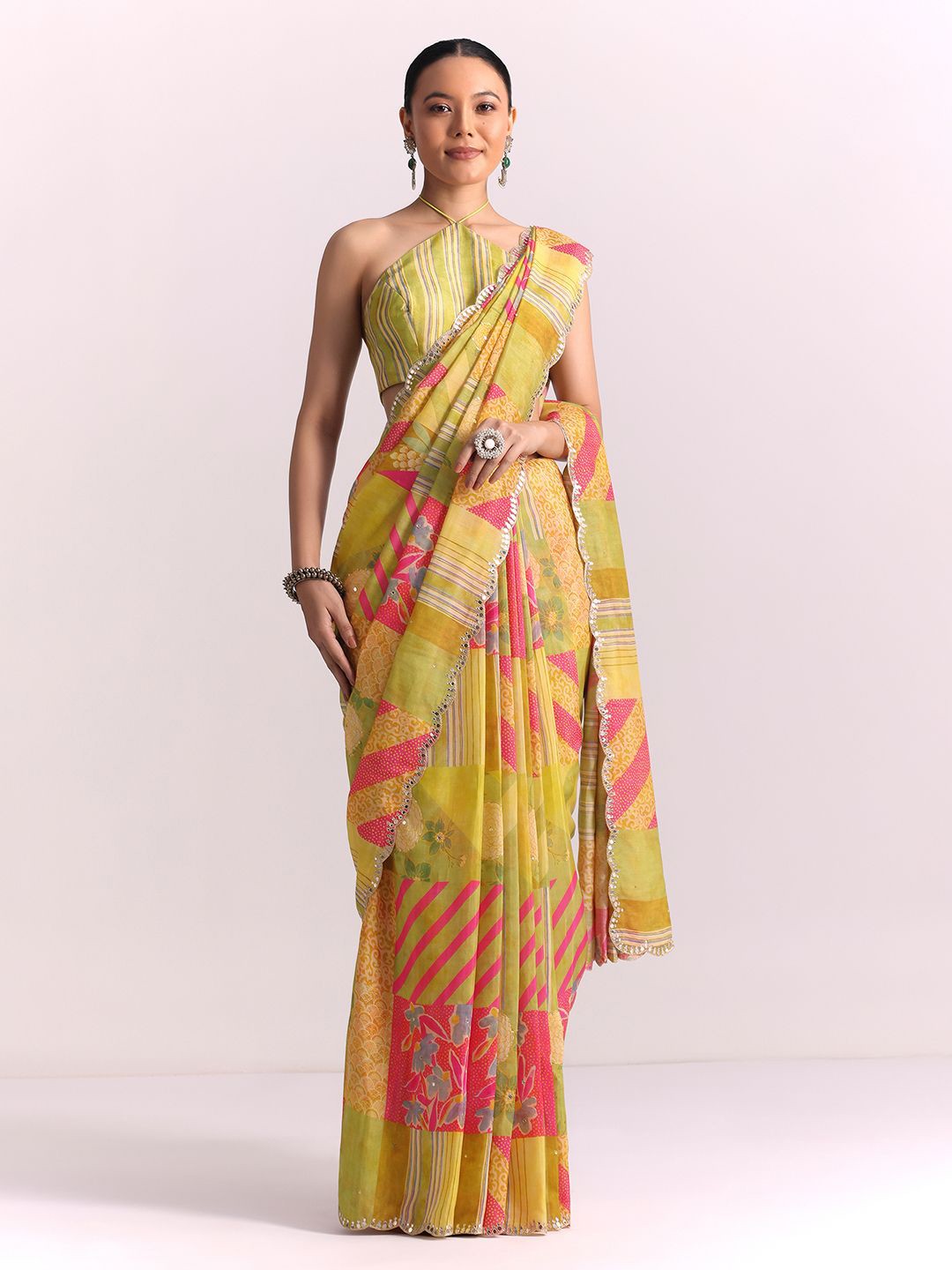 

KALKI Fashion Striped Printed Mirror Work Saree, Green