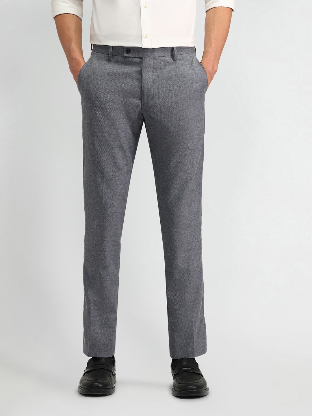 

Arrow Men Mid Rise Self Design Textured Carrot Tapered Fit Trousers, Grey