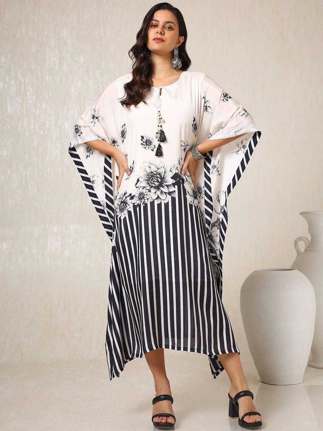 

Soch Women Printed Kaftan Midi Ethnic Dresses, Off white