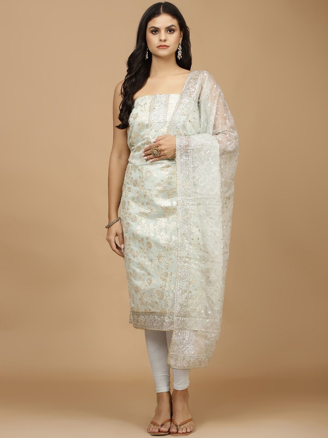 

Meena Bazaar Woven Design Zari Unstitched Dress Material, Sea green
