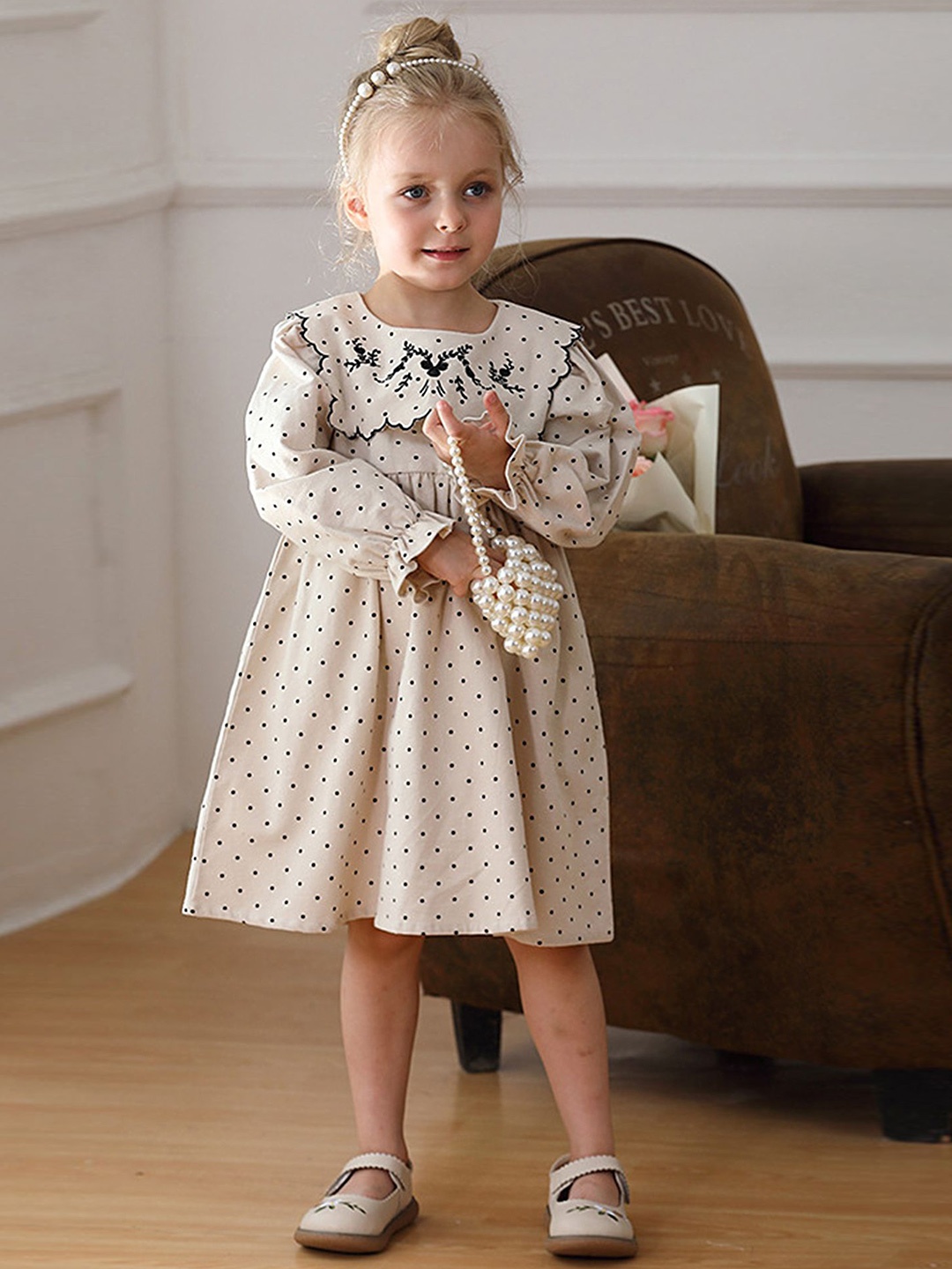 

LULU & SKY Girls Printed Puff Sleeve Cotton A-Line Dress, Cream