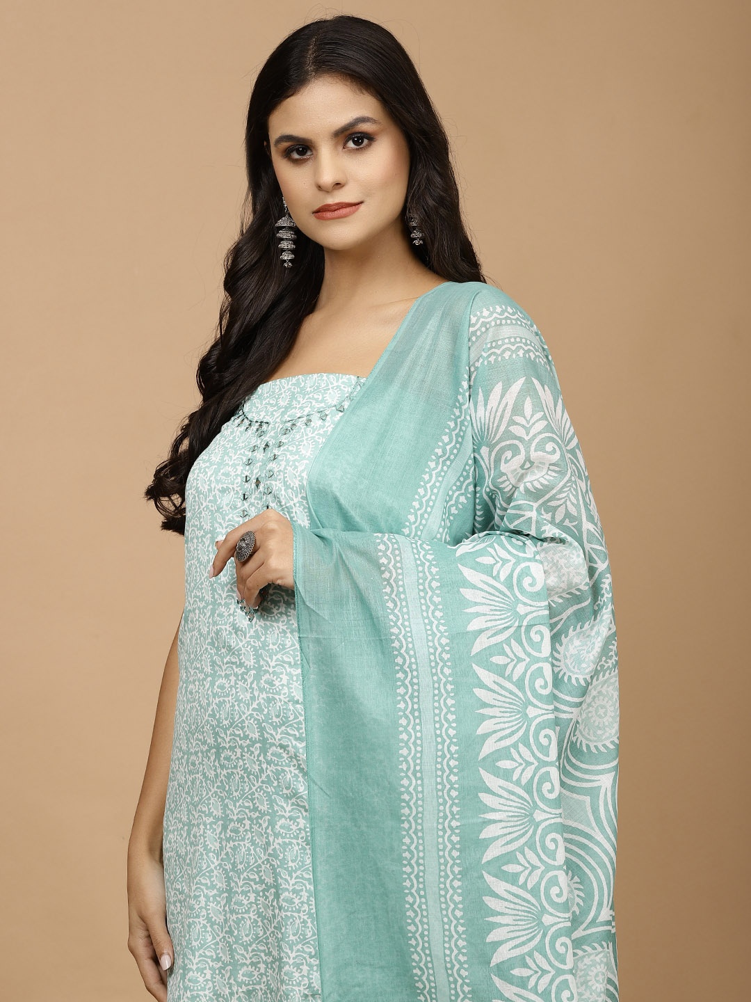 

Meena Bazaar Floral Printed Mirror Work Unstitched Dress Material, Sea green